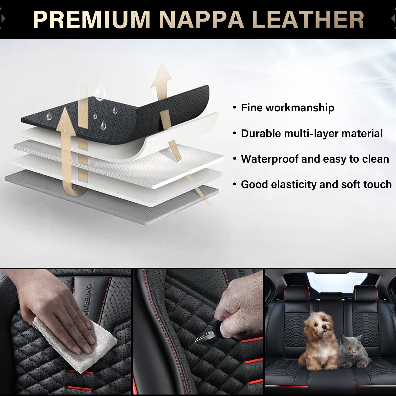 Coverado Black and Red Trim Car Seat Covers Full Set, Premium Leather Front and Rear Split Bench Cover, Automotive Seat Protectors Universal Fit for Most Cars, SUVs and Trucks