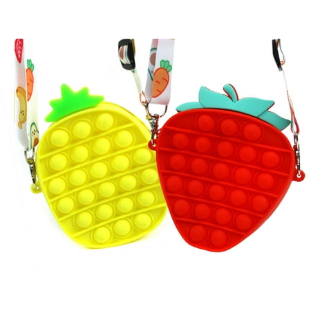 2 Pack Pineapple and Strawberry Pop Fidget Toys Silicone Shoulder Bag Purse for Christmas, Hanukkah, Holiday Gift