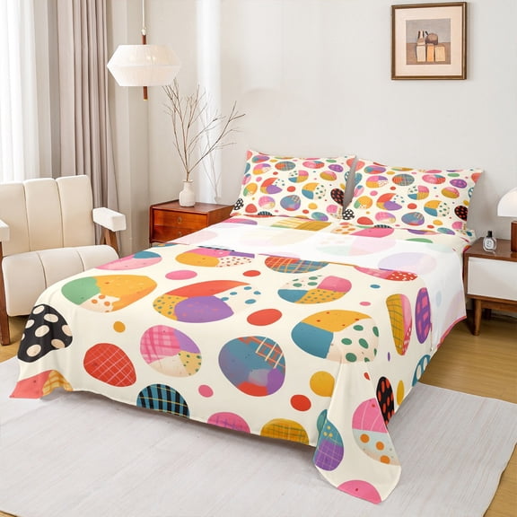 Manfei Cartoon Dinosaur Egg Twin Sheet Sets,Multicolor Geometric Dots Twin Fitted Sheet,Modern Colorful Aesthetic Flat Sheet For Girl Boy,Luxury Bedroom Decor,3 Pieces
