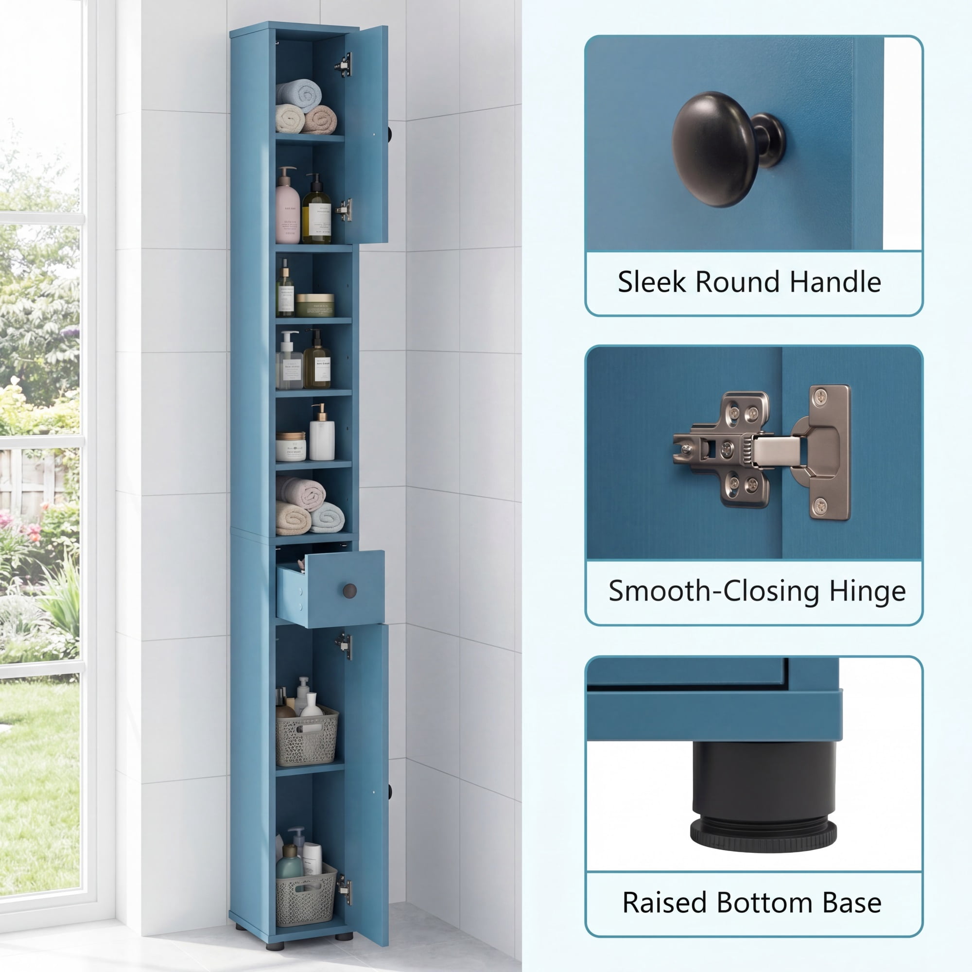 Costway Slim Bathroom Tall Cabinet with 2 Doors, 1 Drawer & 5 Adjustable Shelves for Home Blue