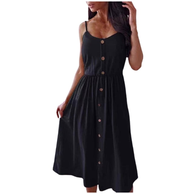 Birdeem Women Fashion Casual Sleeveless Round-Neck Solid Color Buttons Mid-Calf Dress