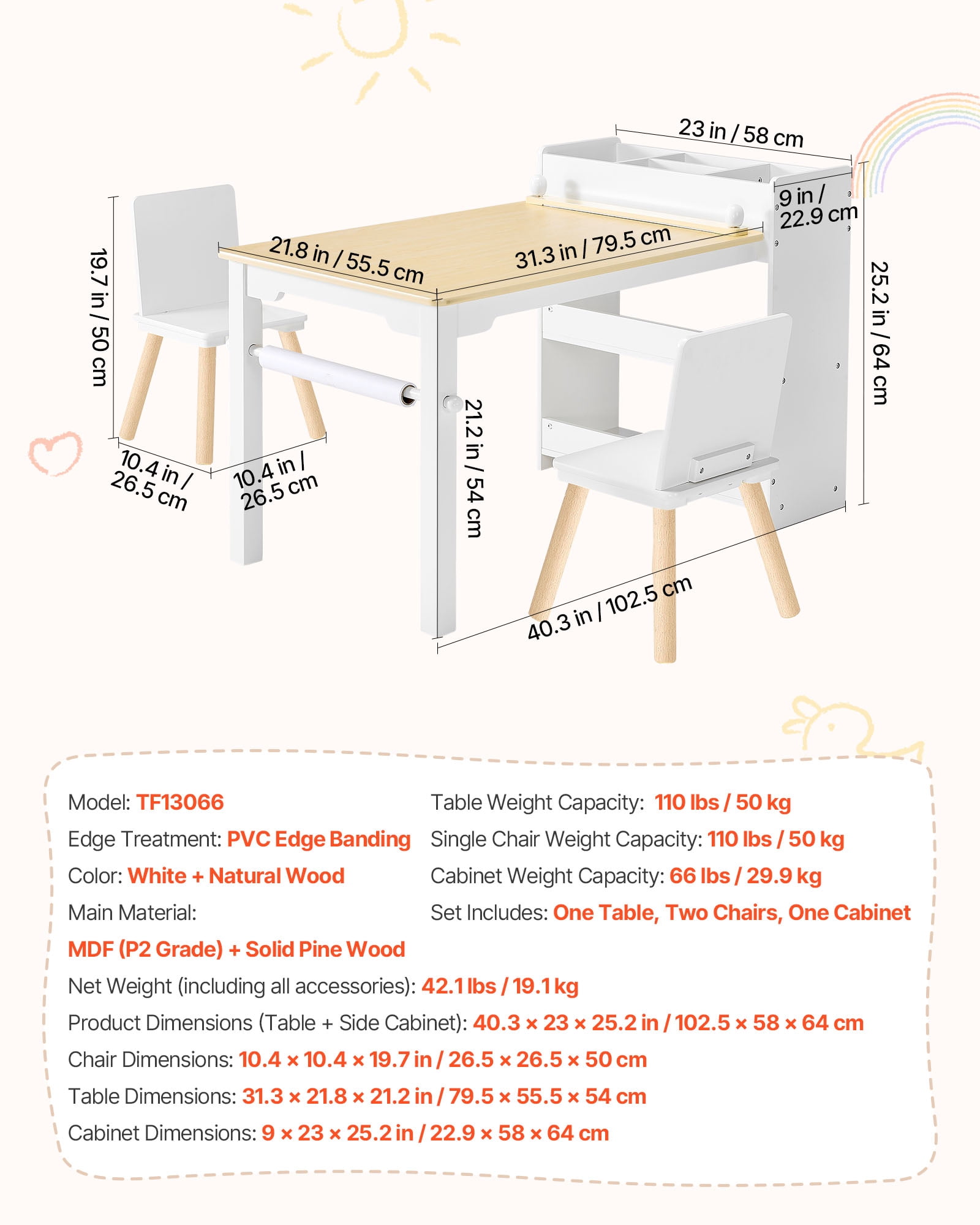 VEVOR Kids Art Table and Chair Set, Toddler Craft Table with 3 Tiers Storage Cabinet, Wooden Kids Activity Play Desk with 2 Chairs, Art Craft Play Desk for Reading, Learning, Drawing, Writing, White