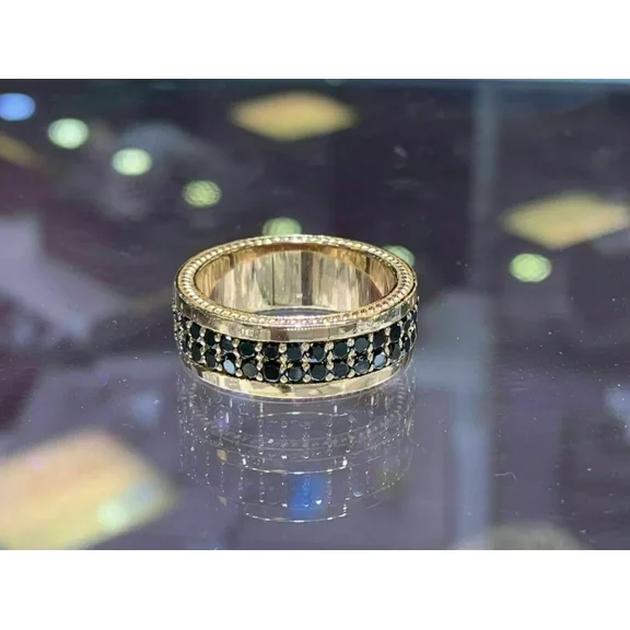 Engagement Ring 2 Ct Round Cut Natural Moissanite Black Diamond Eternity Band 14K Yellow Gold Plated