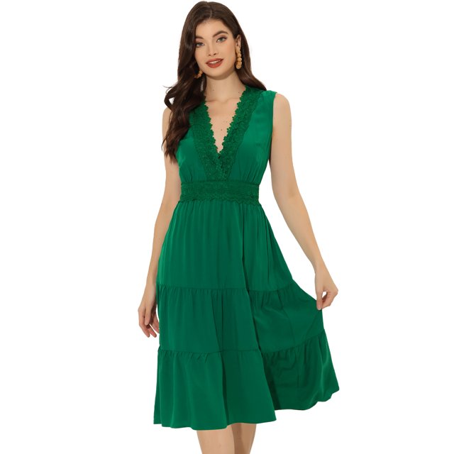 Vestido de verano con inserción de encaje para mujer, informal, con cuello en V, sin mangas, con gradas, sin mangas Verde XS