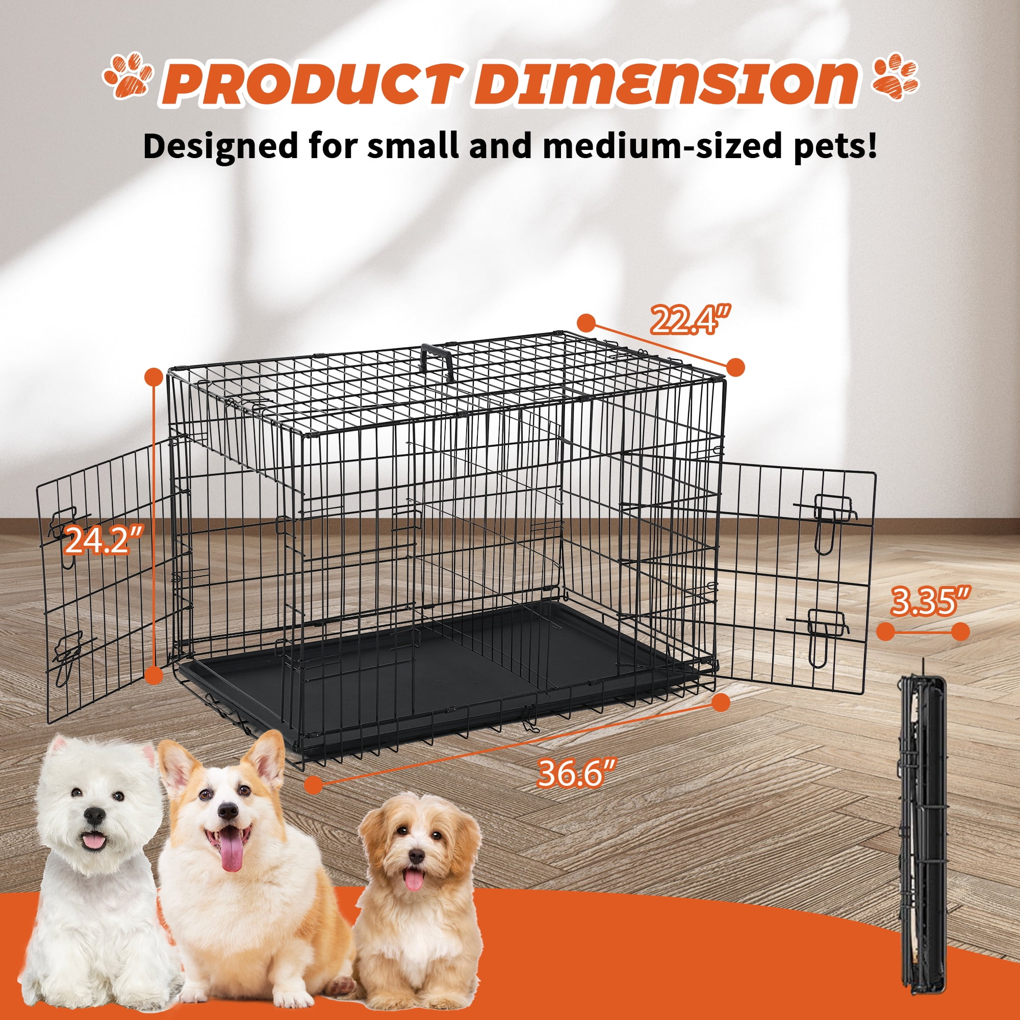CL.HPAHKL 36 Inch Double-Door Dog Crates for Medium Small Dogs, Portable Folding Metal Dog Cage, Indoor and Outdoor Dog Kennels with Divider Panel, Leak-Proof Pan, Locks, Handle, Black