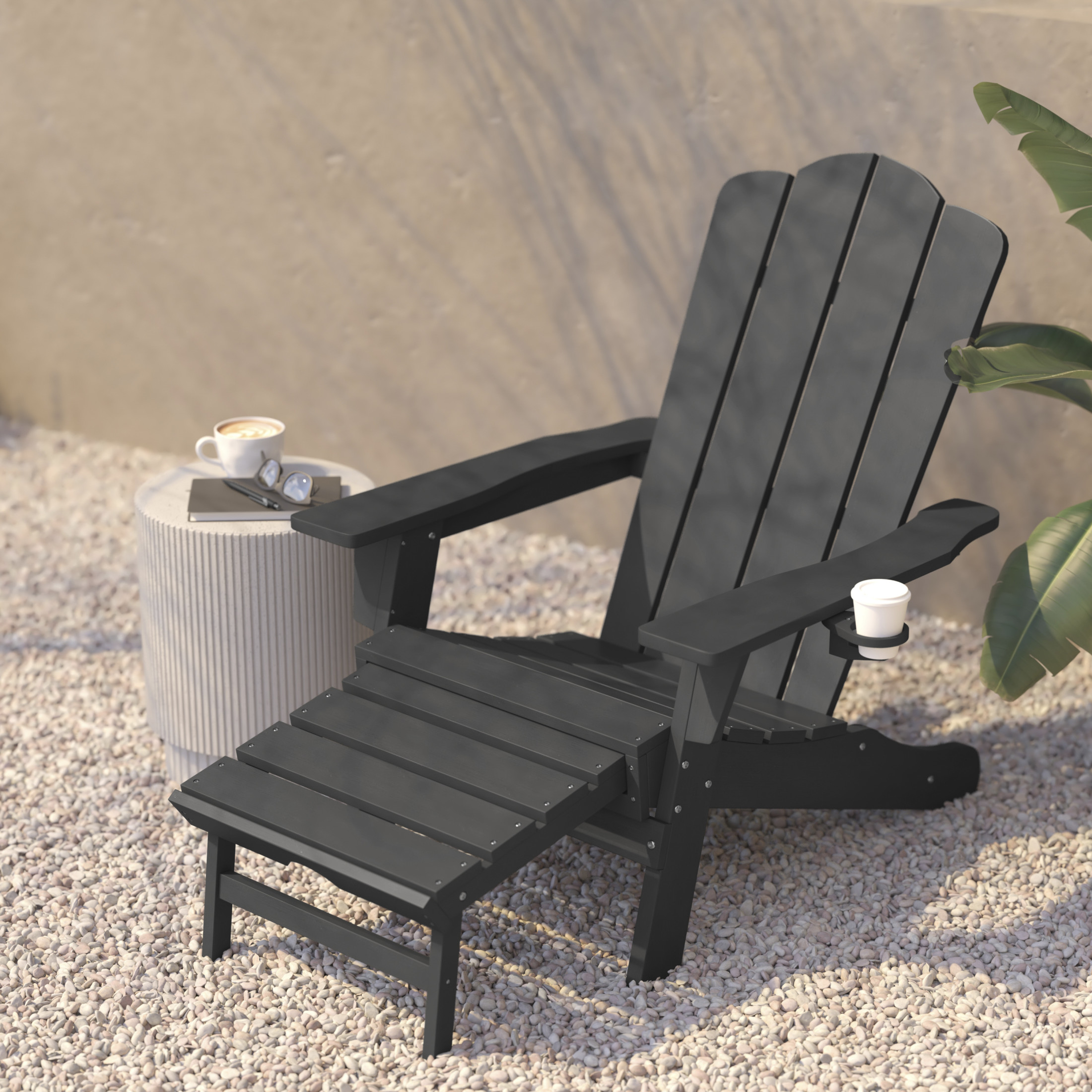 BizChair HDPE Adirondack Chair with Cup Holder and Pull Out Ottoman, All-Weather HDPE Indoor/Outdoor Lounge Chair in Gray