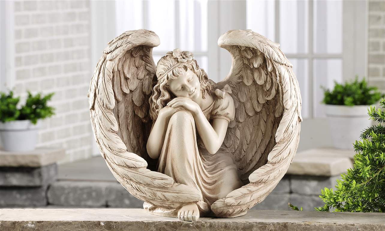 17" Young Girl Encircled by Her Angel Wings Garden Statuary