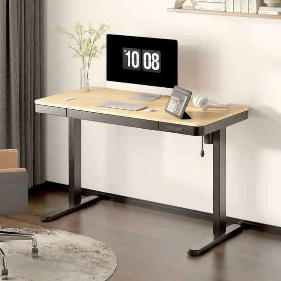 FLEXISPOT 48"x24" Black Home Office Height Adjustable Standing Desk Bamboo Texture Top with USB Charge Ports