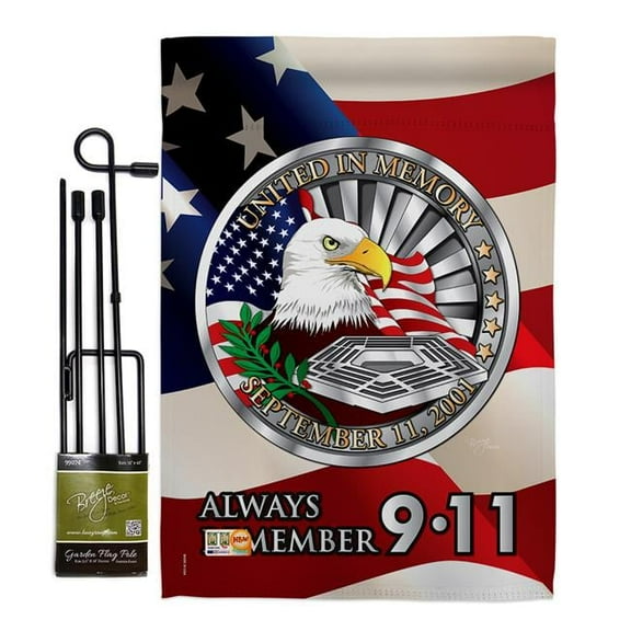 Breeze Decor BD-PA-GS-111063-IP-BO-D-US13-BD 13 x 18.5 in. Always Remember Americana Patriotic Vertical Double Sided Mini Garden Flag Set with Banner Pole