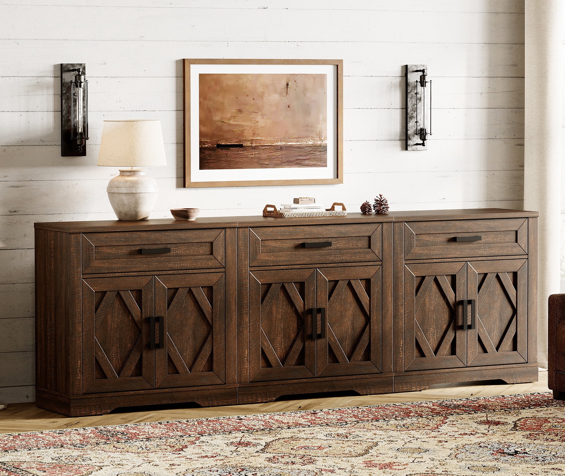 WAMPAT 94.5"W Farmhouse Buffet Sideboard with Barn Doors, Drawer & Storage, Brown