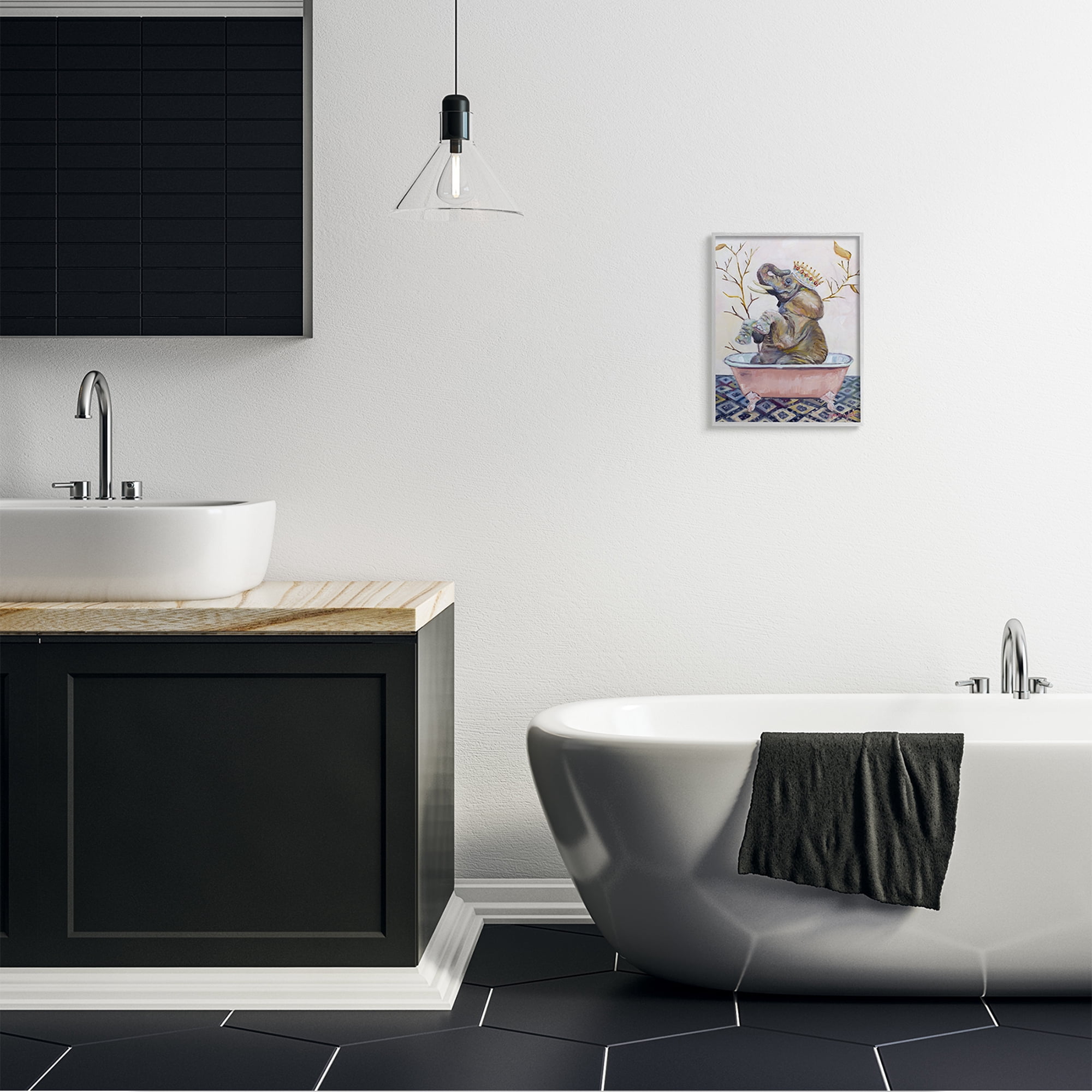 Stupell Industries Regal Safari Elephant with Pink Bath Tub Gray Framed by Karen Weber Fine Art