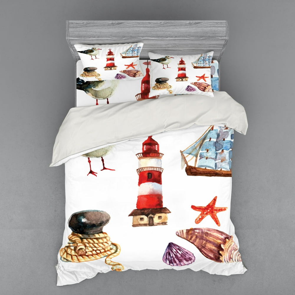 Nautical Duvet Cover Set, Nautical Theme Elements Seagull Boat