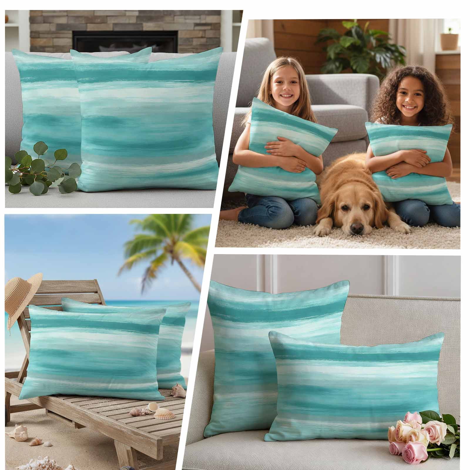 Teal Green Grey Outdoor Waterproof Pillow Covers, Abstract Art Oil Painting Turquoise Ombre Decorative Square Throw Pillowcase Sofa Cushion Sham for Patio/Couch/Chair, 20"x20" 2 Pack