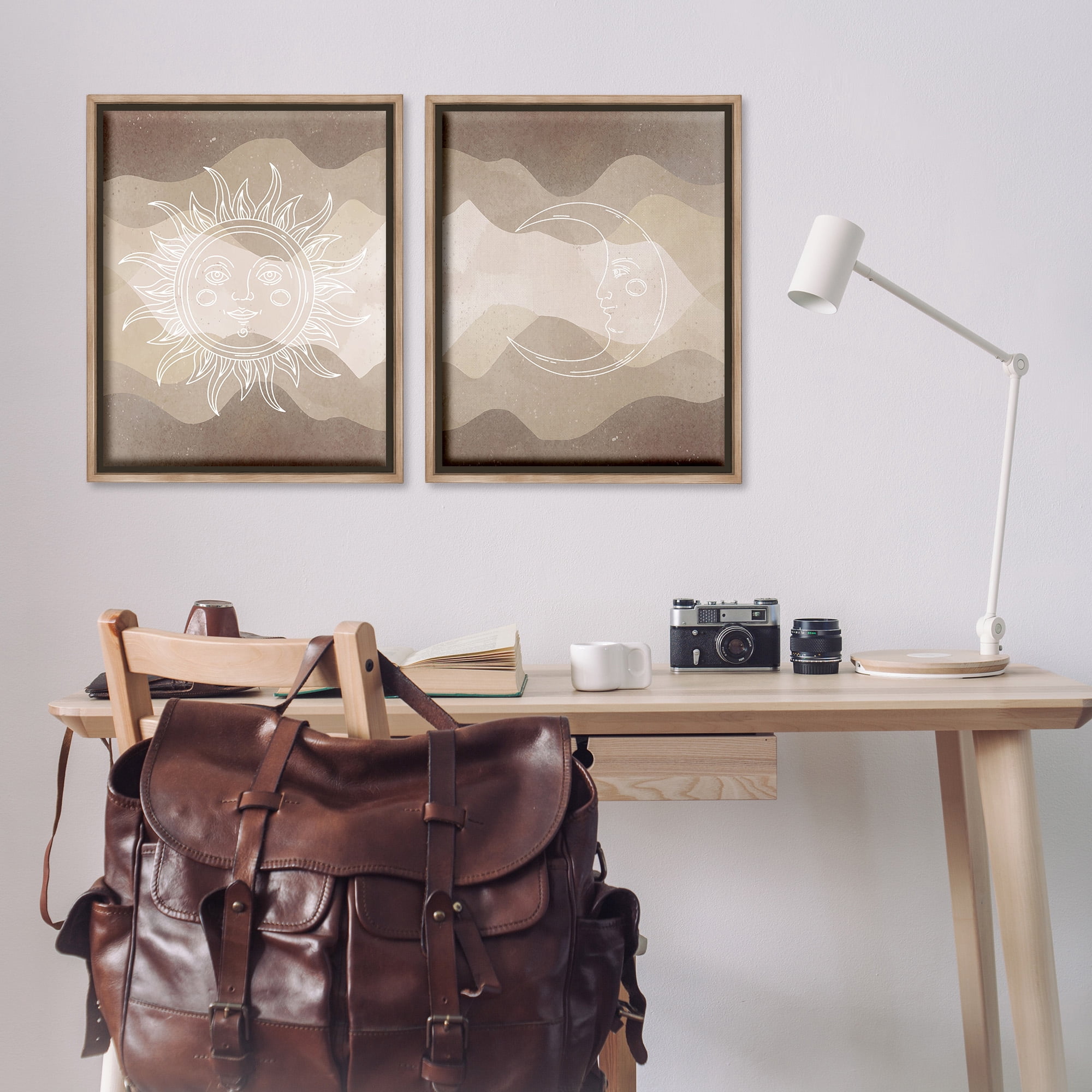 Stupell Industries Astral Boho Sun & Moon Landscape Painting Brown Floater Framed Canvas Art Print Wall Art, 25 x 31, Set of 2