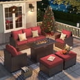 thumbnail image 6 of ELPOSUN Patio Furniture Sets with Fire Pit Table, 6 Pieces Outdoor Patio Sofa Set with Fire Pit Table, Wicker Rattan Outdoor Conversation Set with Ottoman for Poolside, Backyard,Brown Rattan Wine Red, 6 of 11