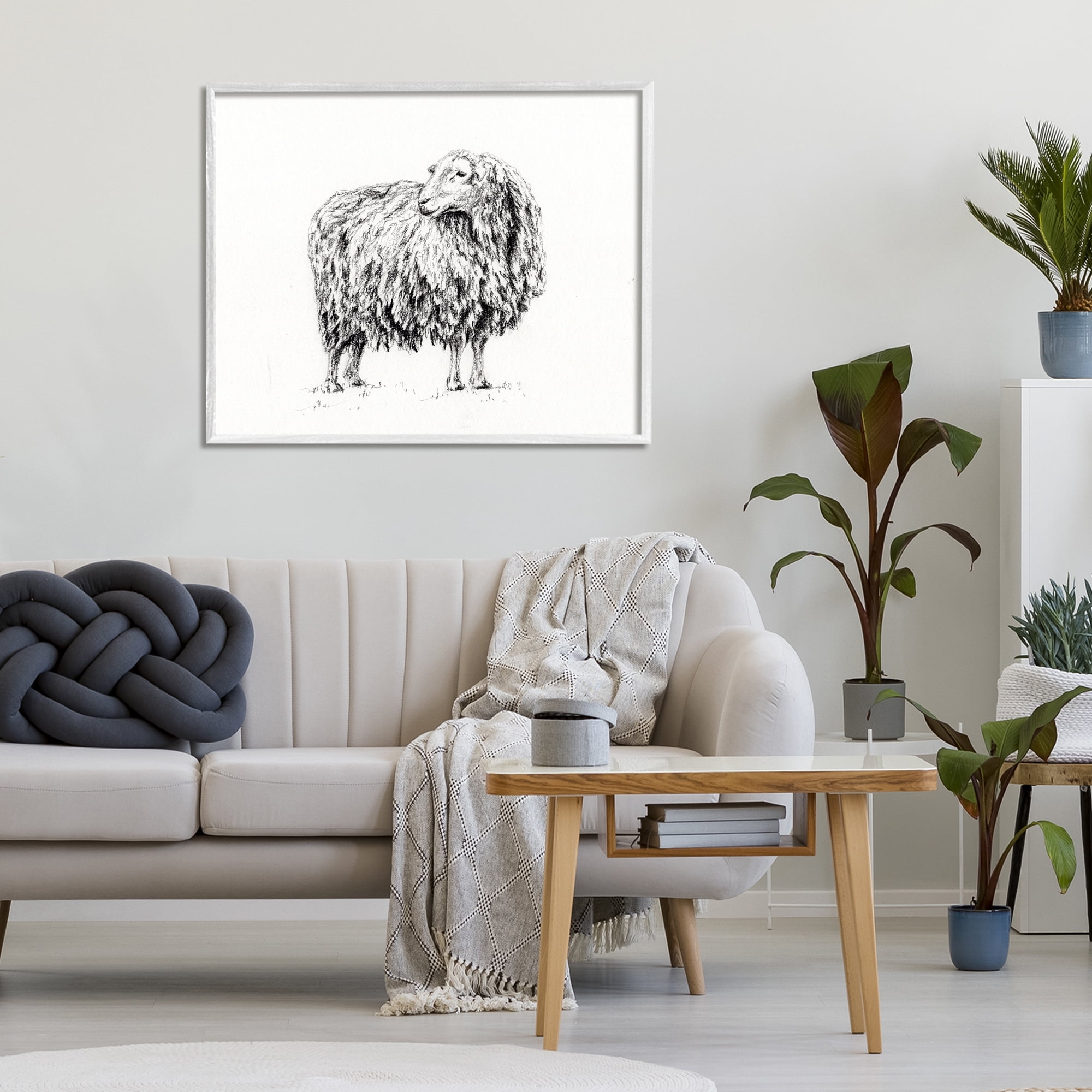Stupell Industries Sheep in Charcoal White Framed Giclee Art, design by Leah Noel Art