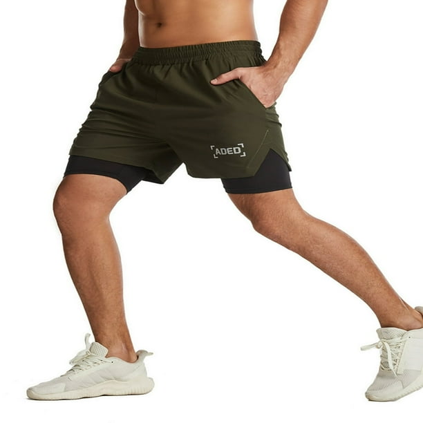 Men Double Layer Sport Shorts Quick Dry Gym Athletic Workout Shorts with Pockets
