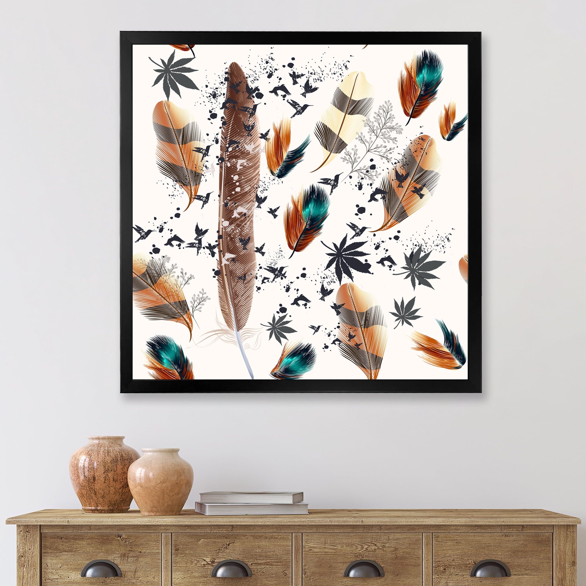 Designart 'Multicolored Feather Pattern With Floral' Bohemian & Eclectic Framed Art Print