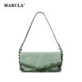thumbnail image 2 of Bolso bandolera con volantes para mujer de MABULA, bolso de lona fruncido de color verde caramelo, bolso de hombro bajo el brazo, bolso elegante con solapa, 2 of 5
