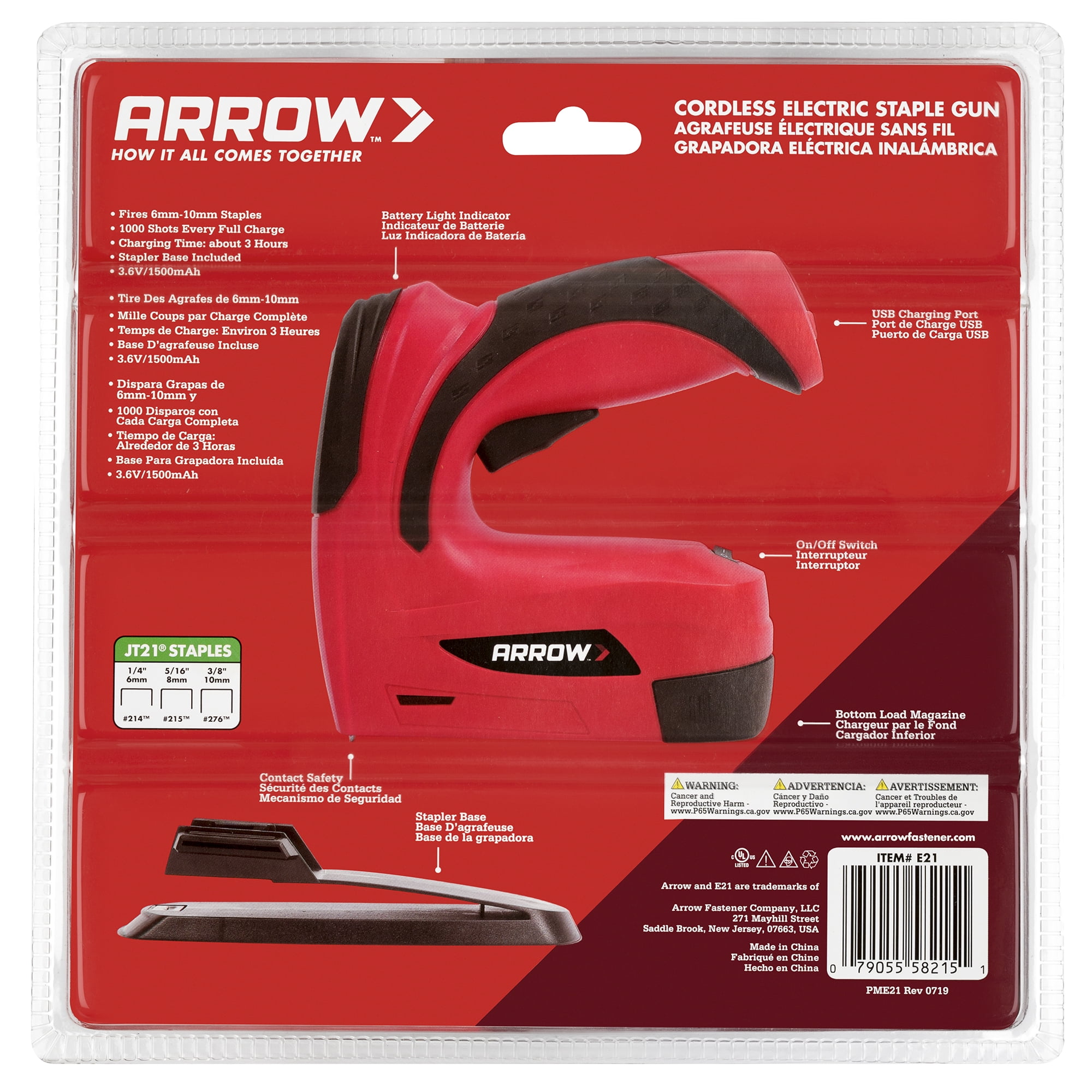 Arrow E21 Electric Cordless Staple Gun with Removable Stapler Base