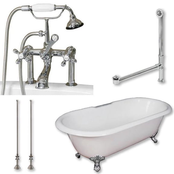 Cambridge Plumbing DE67-463D-6-PKG-CP-7DH Cast Iron Double Ended Clawfoot Tub, Polished Chrome - 67 x 30 in.
