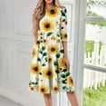 thumbnail image 2 of WTOBBY Women's Fashion Round Neck Floral Print 3/4 Sleeve Midi Dress, Stylish Digital Design Sundress with Flowy Silhouette for Summer,Yellow M, 2 of 4