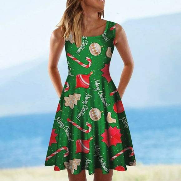 Hjcommed Fashion Women Summer O-Neck Christmas Printing Loose Comfy Sleeveless Dress Green XXL