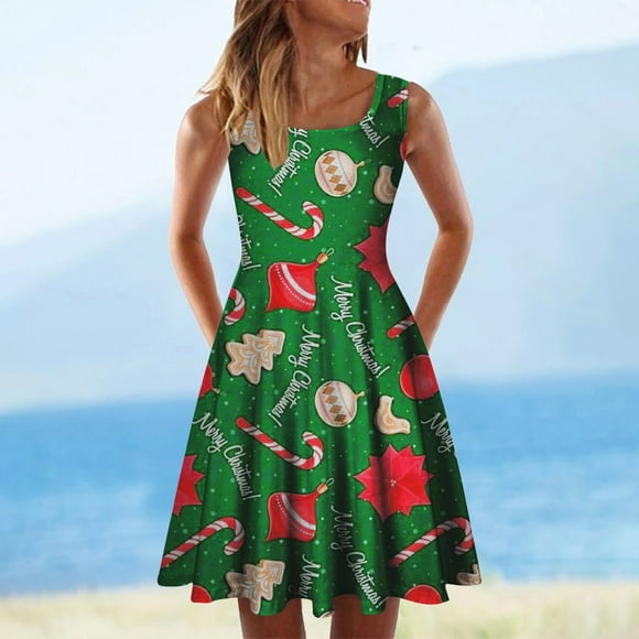 Hjcommed Mode Femmes Été Col Rond Impression en Vrac Confortable Robe Sans Manches Vert XXL