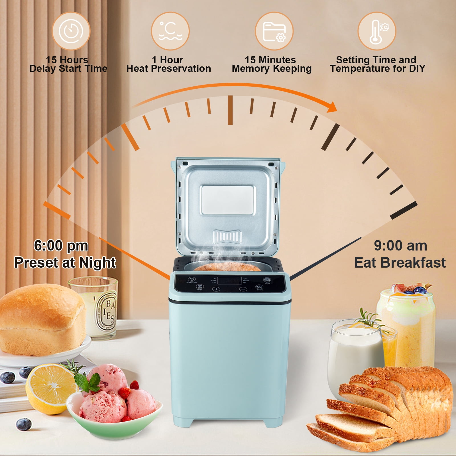 KBS  Bread Maker Machine with Ice cream program,20-in-1 2LB Fully automatic bread machine，DIY setting,15 Hour delay timer,Green Model#070 Ice cream version