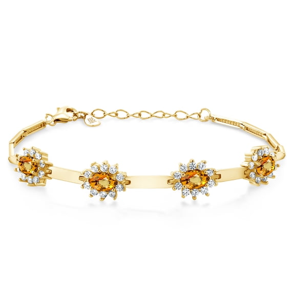 Gem Stone King 18K Yellow Gold Plated Silver Yellow Sapphire and White Created Sapphire Bracelet for Women (4.06 Cttw, Gemstone September Birthstone, Oval 6X4MM, 7 inch 1 inch Extender)