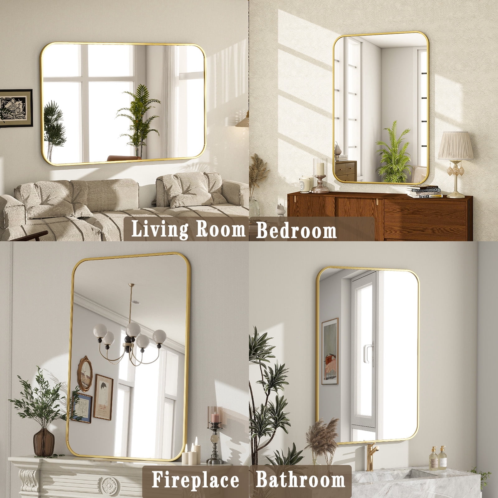 Lumora 36"x24" Rectangular Bathroom Mirror with Round Edge Wall Mounted Wall Mirror, Gold