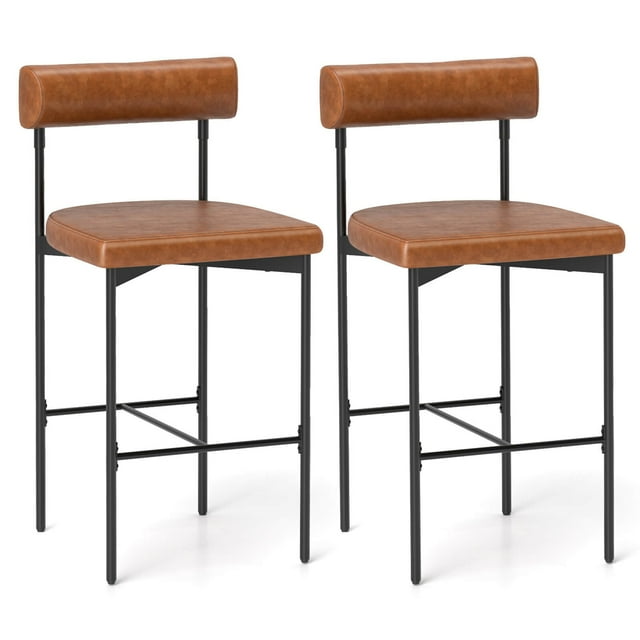 Costway 26" Upholstered Bar Stools Set of 2 with Padded Cushion & Backrest Footrest Brown