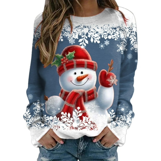 WEAIXIMIUNG Sweat à Capuche Zippé pour Femmes, Imprimé Joyeux Noël, Col Rond, Pull Décontracté à Manches Longues, Blouse Ample