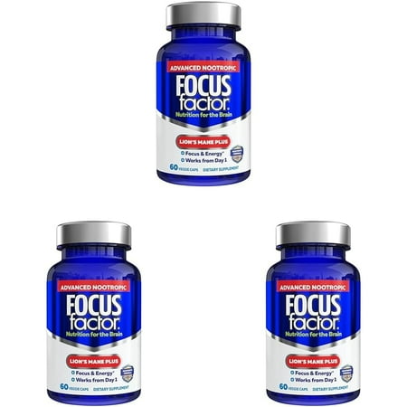 (3 pack) Focus Factor Lions Mane Plus Advanced Nootropic with L-Theanine Caffeine Focus and Energy (60 Count)
