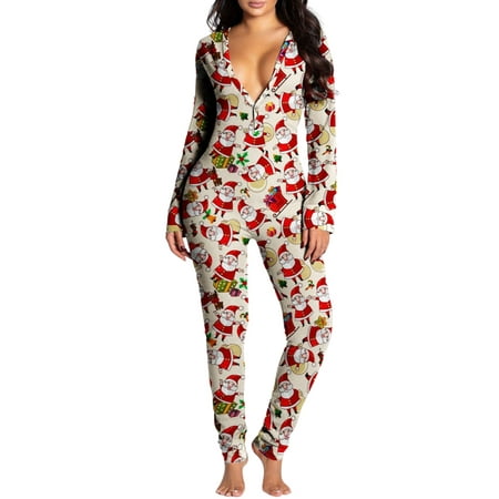 

Womens One Piece Onesie Christmas Sleepwear Deep V Neck Butt Button Back Flap Jumpsuit Pajama Bodycon Bodysuit Romper