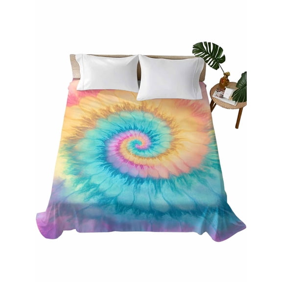 Full Size Flat Sheet Only, Colorful Tie Dye Soft Brushed Microfiber Bed Sheets, Rainbow Ombre Abstract Pattern Art Hotel Quality Breathable Bedding Top Sheet, Easy Care, 81"x96"