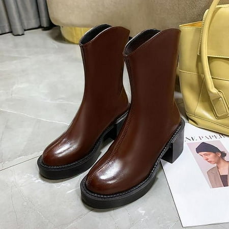 

Martin Boots Pu Leather Thick-soled Thick Heel Round Toe Back Zipper Mid-tube Boots Ladies Shoes