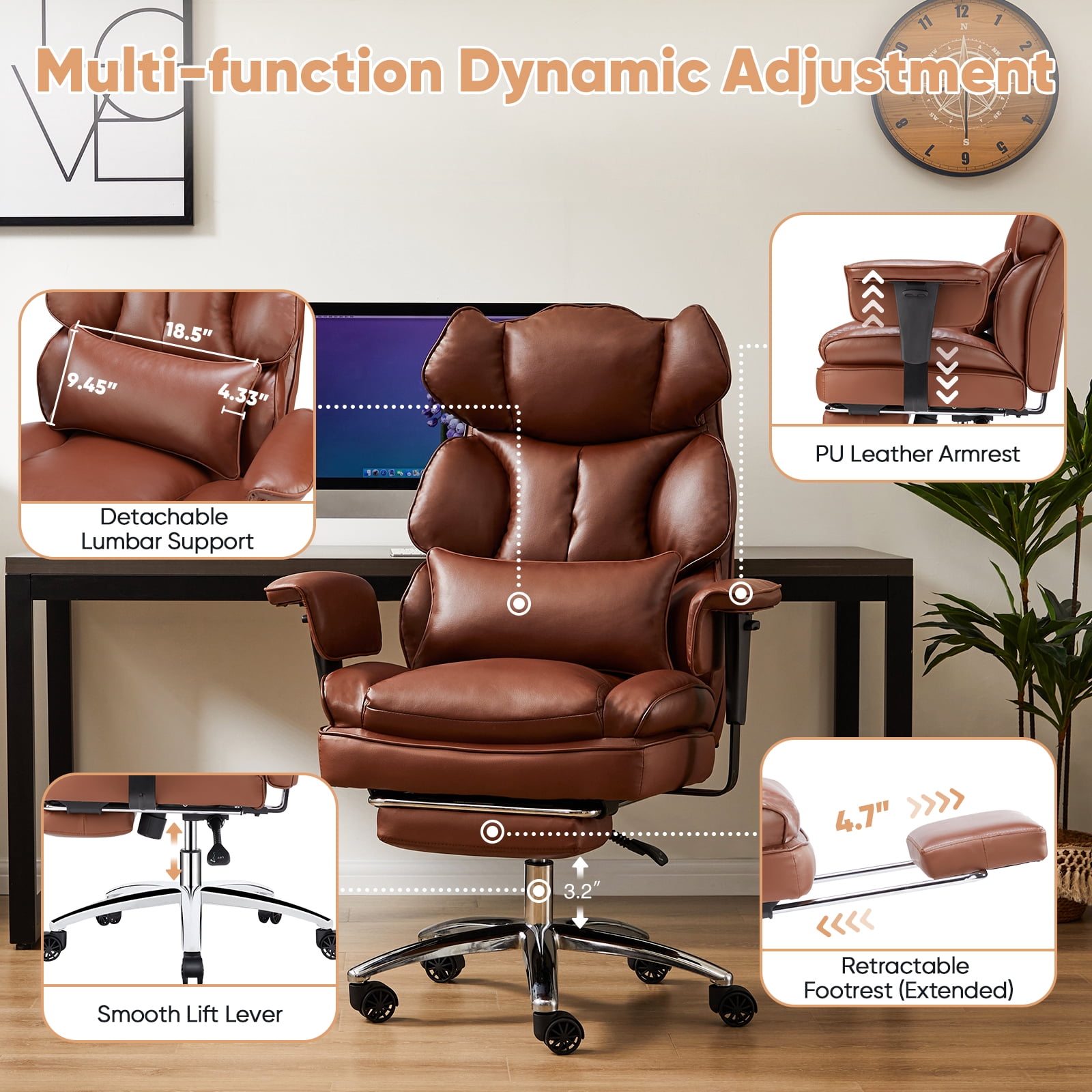 GIANNA Executive Home Office Desk Chair with Swivel Wheels, Footrest & Lumbar Support, Reclining Height Adjustable, Brown