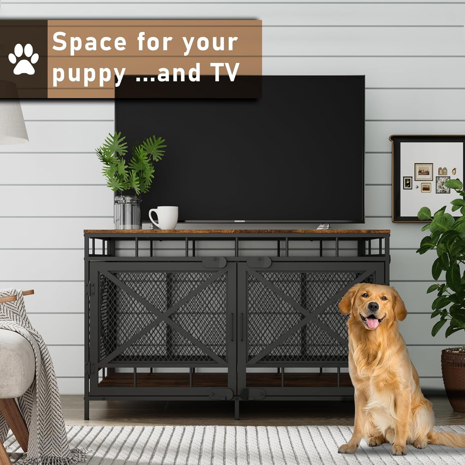 Dog Crate Furniture, Dog Kennel for Small Medium Large Breed, Heavy Duty 43" Large Corner Dog Crate, Indoor Pet Cage with Side Door (Retro Brown)