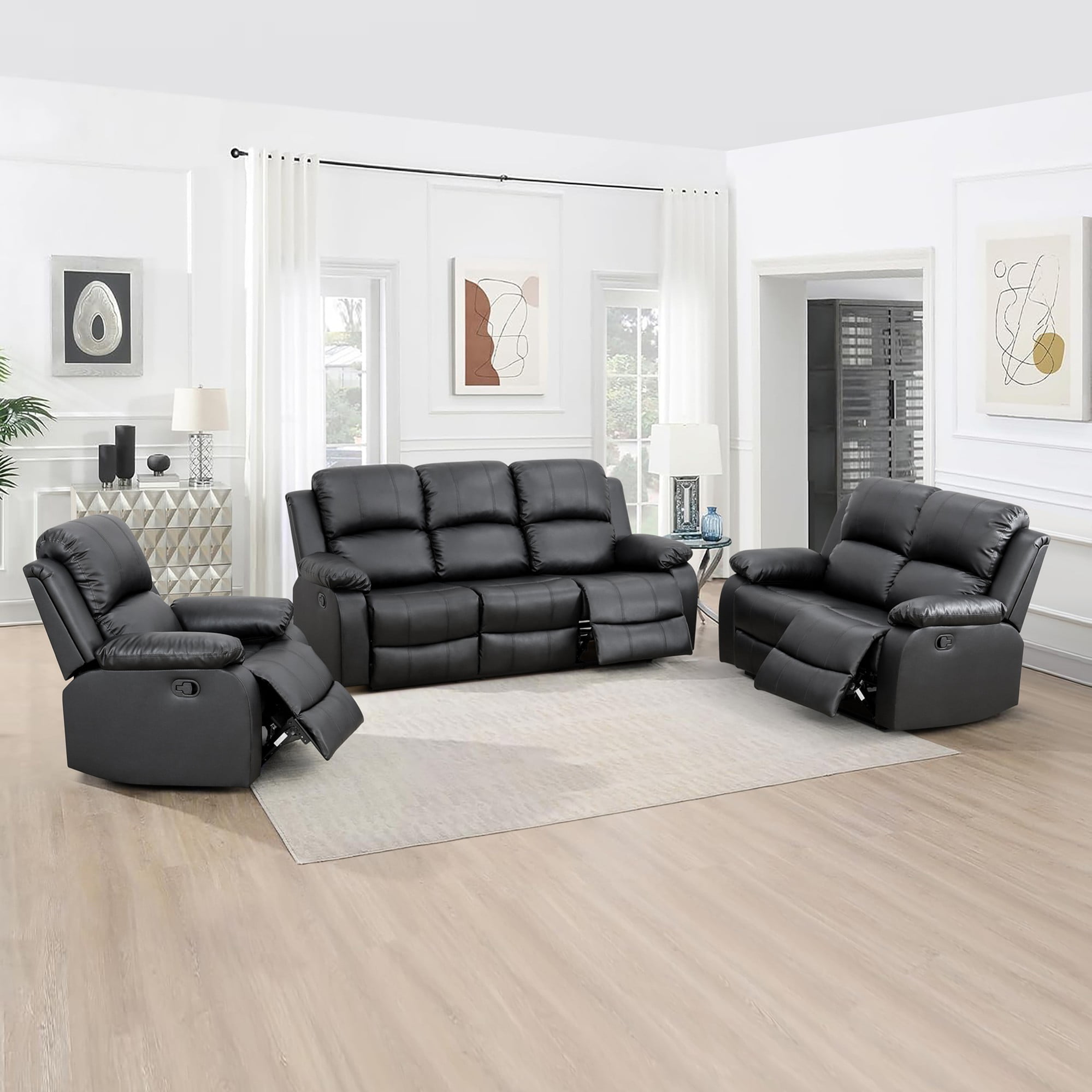 Gewnee Black 3-Piece Living Room Air Leather Recliner Sofa Set