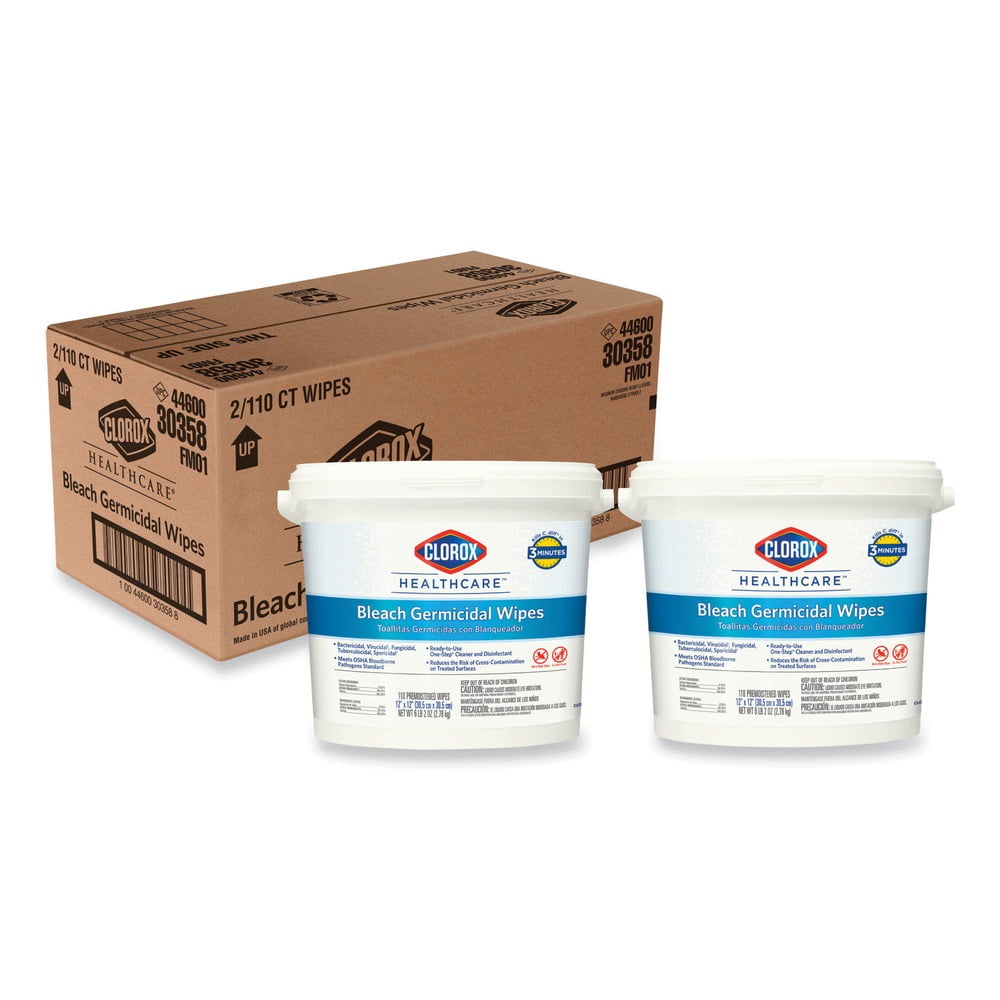 12 in. x 12 in. 1-Ply Bleach Germicidal Wipes - Unscented, White (110/Bucket, 2 Buckets/Carton)
