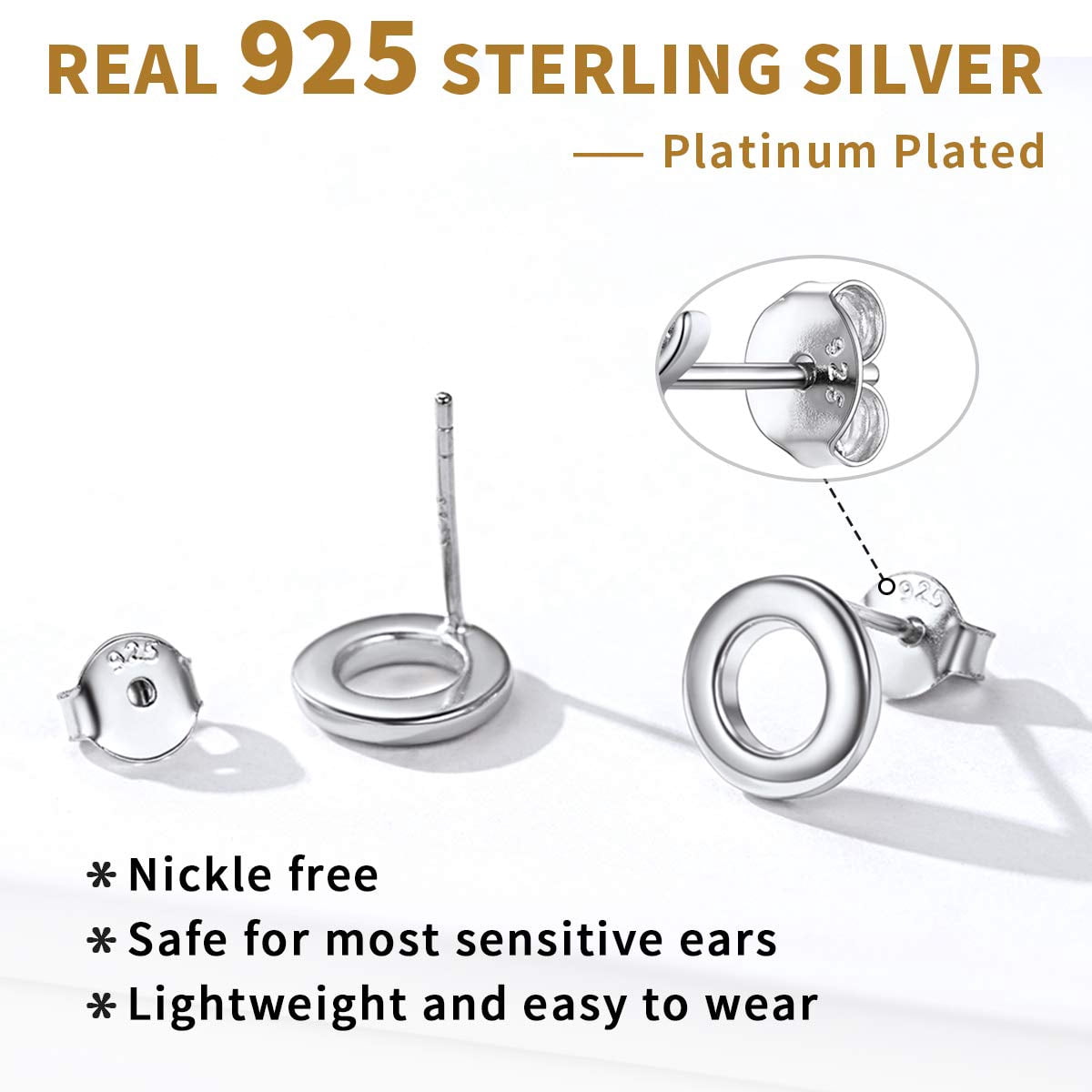 ChicSilver 925 Sterling Silver Circle Earrings for Women 8MM Small Round Stud Earrings for Sensitive Ears Fine Jewelry Gifts | Clearance