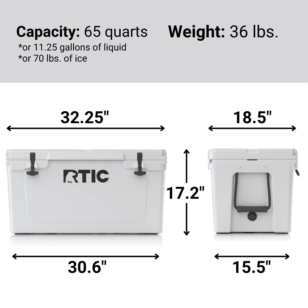 RTIC 65 QT Ultra-Tough Rotomolded Hard-Sided Ice Chest Cooler, White, Fits 84 Cans