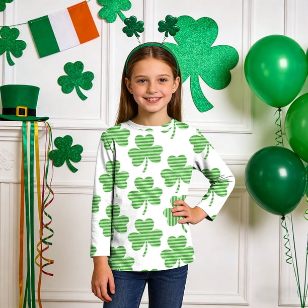 Blusas y camisas de manga larga con cuello redondo, informales, con estampado del Día de San Patricio, de manga tres cuartos y cuello redondo, para niños de talla mediana y grande.
