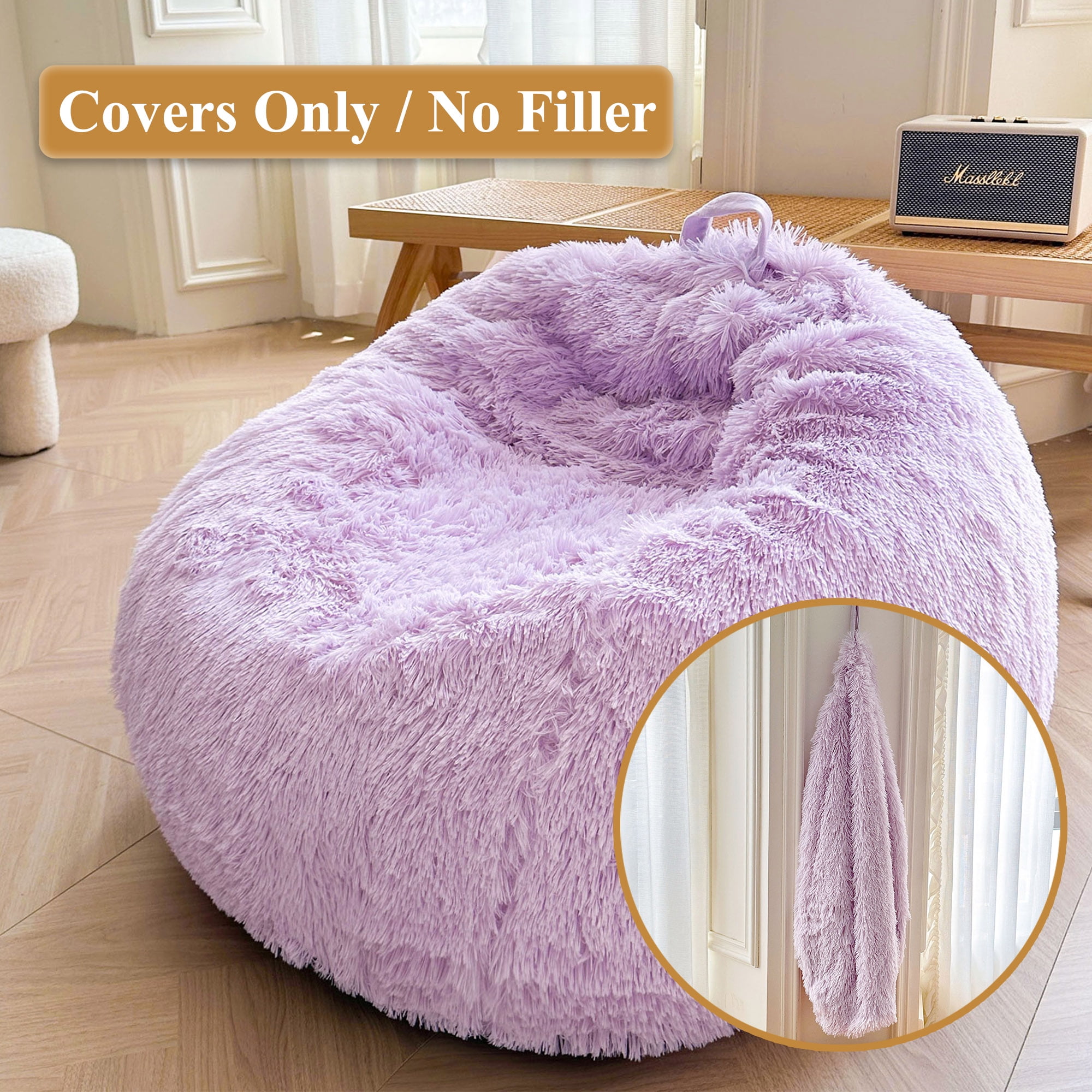 XeGe Faux Fur Comfy Bean Bag Cover for Living Room(No Filler), Fluffy Stuffed Animal Storage Bean Bag Chair Cover Light Purple, Furry Fuzzy Beanbag Cover for Adults Kids Girls, Anti-slip, Lavender