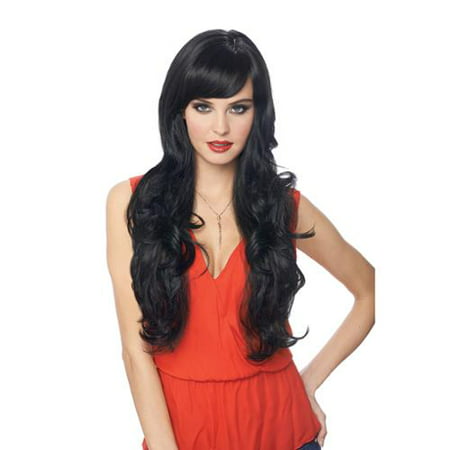 Delovely Womens Long Black Curly Wavy Costume Wig With Bangs