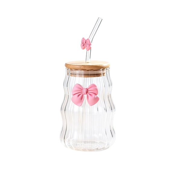Glass Tumbler with Lid and Straw 15.22 fl oz, Pink Bow Decor Ribbed Drinking Cup for Coffee Tea Juice Home Office