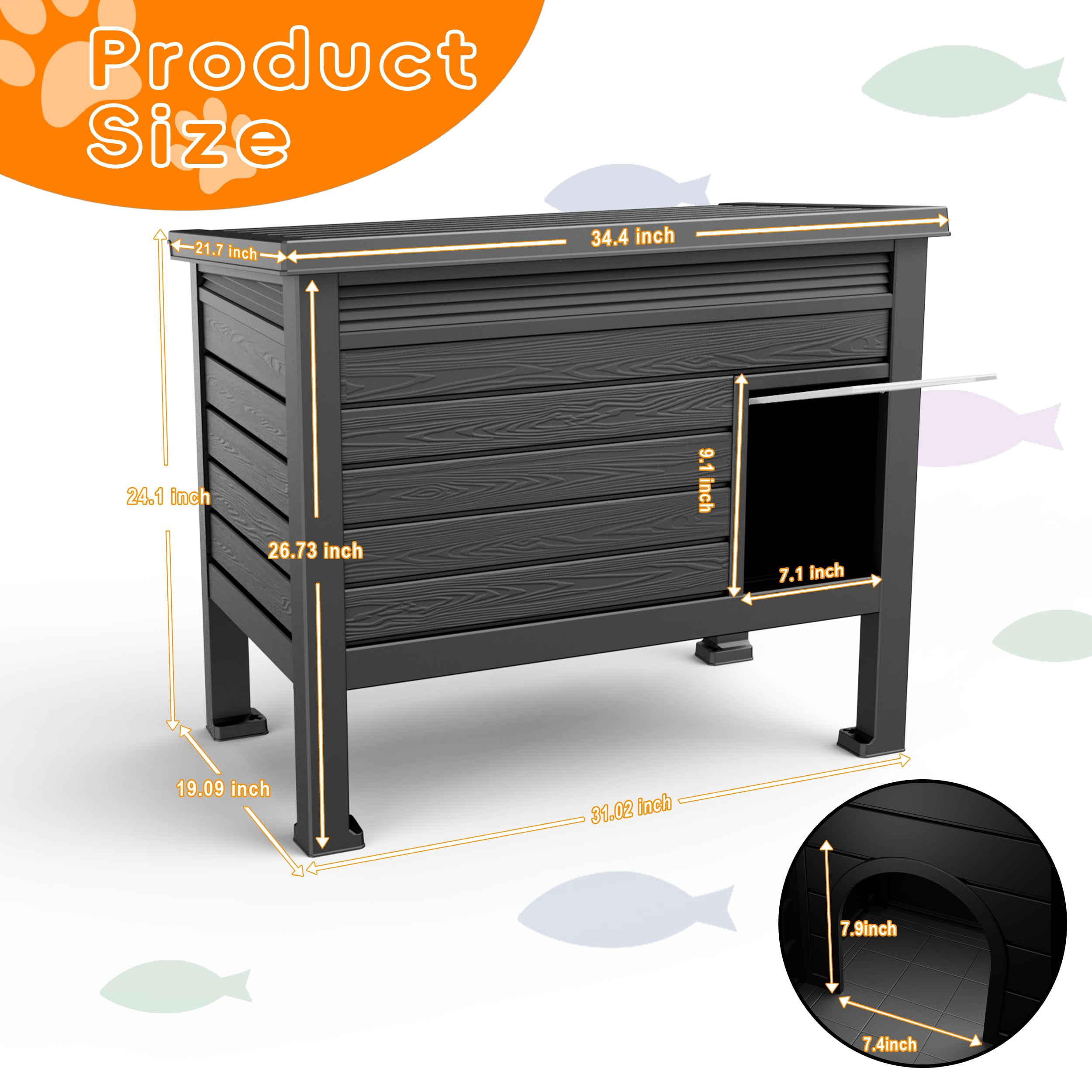 Outdoor Cat House, Weatherproof Feral Cat Shelter with Raised Floor, Warm, PP Material, Outdoor Feral Cat House for Cats and Small Animals, with Door, Easy to Assemble (Black, Large)
