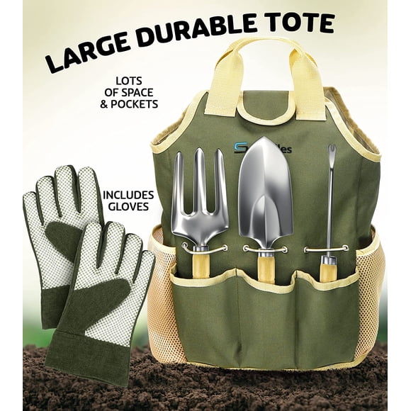 Scuddles Ensemble d'Outils de Jardin - Trousse de Jardinage Robuste de 10 Pcs avec Organisateur de Rangement, Désherbeur Ergonomique à Creuser à la Main, Râteau, Pelle, Truelle, Pulvérisateur, Gants, Cadeau pour Hommes Ou Femmes