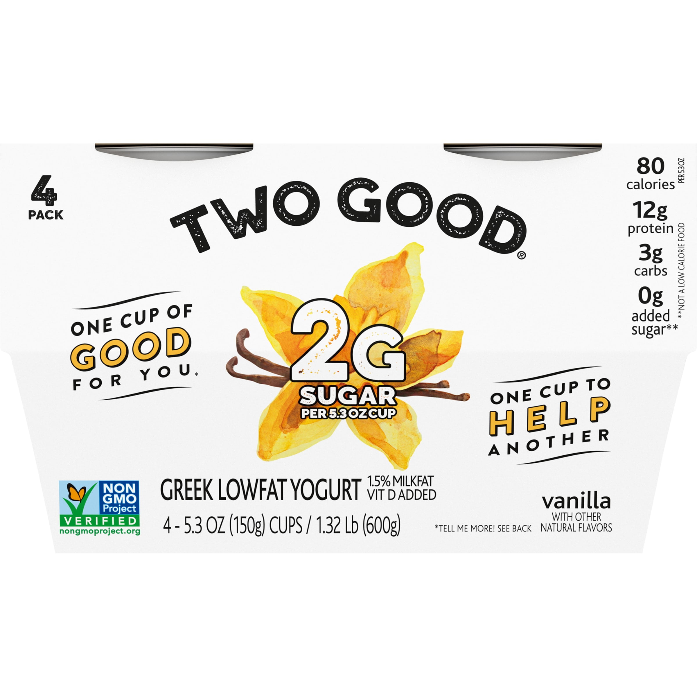 Two Good Vanilla Low Fat Lower Sugar Gluten Free Greek Yogurt, 5.3 Oz. Cups, 4 Count